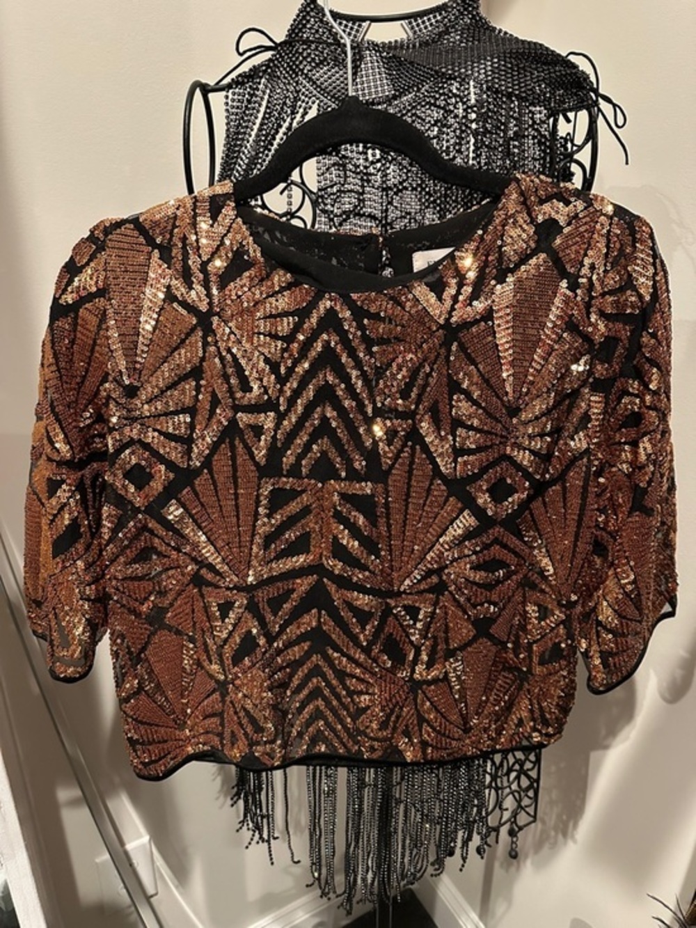 Sequin Fringe Crop Top - Black and Copper short sleeve